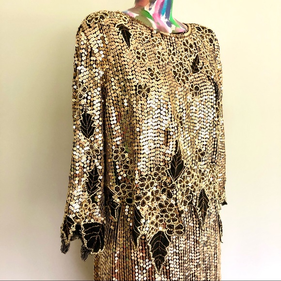 📀VINTAGE Gold Sequin Floral Skirt Top Set - Picture 4 of 8